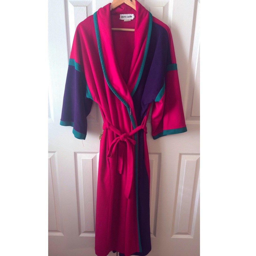 VINTAGE 1970's PIERRE CARDIN Magenta Purple Green Colorblock Fleece Robe M